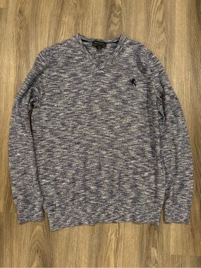 Express Men’s Blue Marled V-Neck Sweater with Embroidered Logo